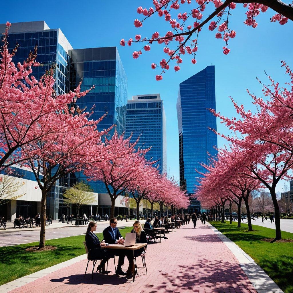 A vibrant cityscape of Gaylord featuring modern office buildings, bustling professionals engaging in networking, and a diverse group of individuals collaborating on laptops in a park. Bright cherry blossom trees in bloom add a touch of nature, while motivational quotes about skill enhancement float in the sky. The overall atmosphere is dynamic and optimistic, representing a thriving job market. vibrant colors. super-realistic. urban setting.