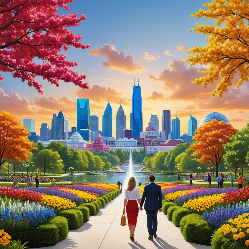 A vibrant skyline of Gaylord, featuring iconic local landmarks, with a diverse group of professionals enthusiastically networking in a park. In the foreground, visual metaphors of growth like blooming flowers and open books symbolize career development and learning. The scene is filled with colors that evoke a sense of positivity and opportunity. super-realistic. vibrant colors. white background.