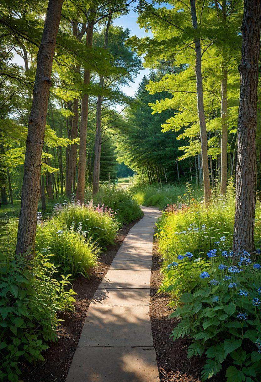 A serene pathway winding through a lush green landscape in Gaylord, Michigan, showcasing vibrant wildflowers and tall trees under a bright blue sky. Along the path, visualize signs representing various professional growth opportunities and personal development milestones. Include a mix of diverse individuals engaged in collaborative discussions and exploring together. Natural light filtering through the leaves adds warmth to the scene. super-realistic. vibrant colors. peaceful atmosphere.